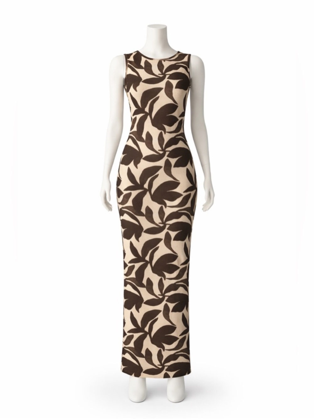 Sleeveless Beige Maxi Dress with Black Leaf Print